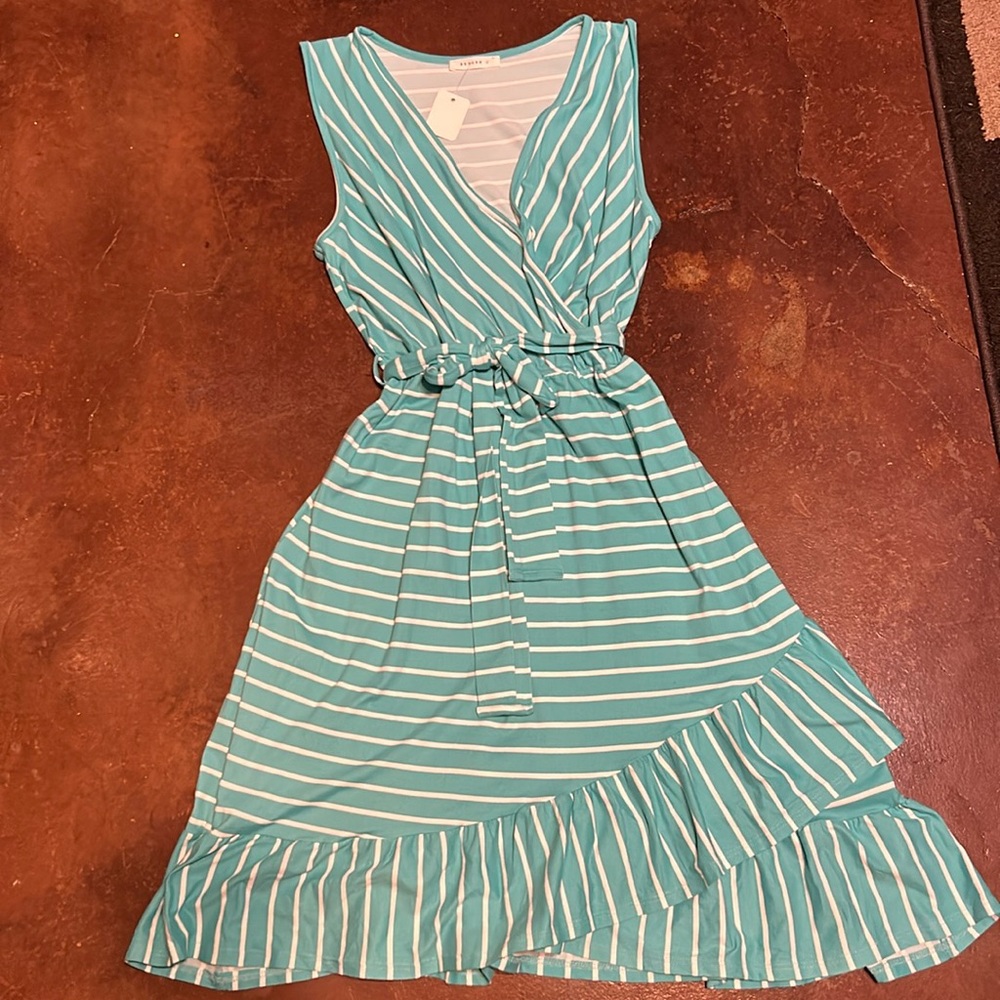 Reborn J Teal and White Striped Midi Dress